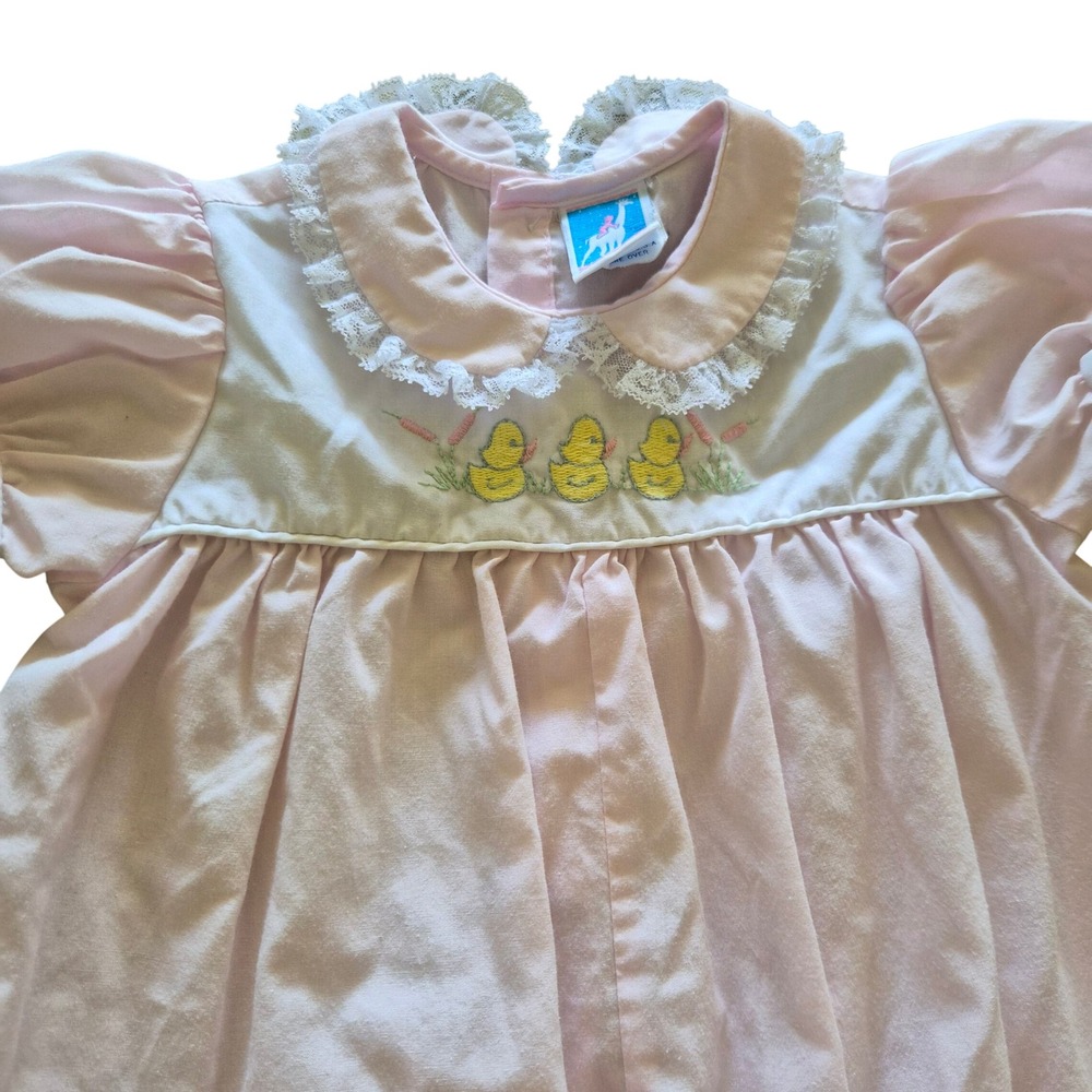 Vintage Toddle Tyke Pink Duckling Embroidered Romper Lace Collar 12M Easter